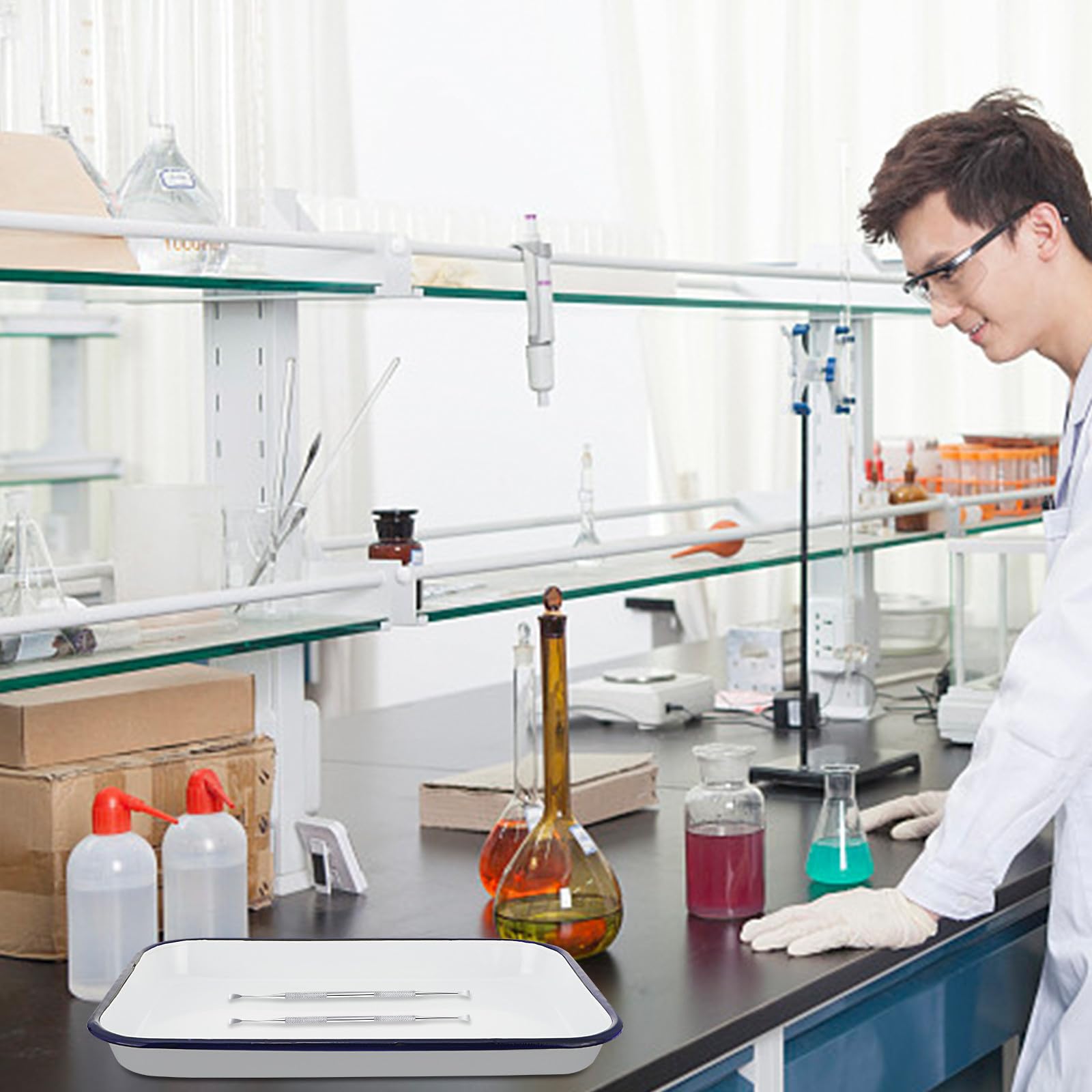 GALPADA Vassoio Quadrato Smaltato Bianco per Laboratorio Grande Capacità, Facile da Pulire e Sicuro, per Scuole e Uso Domestico