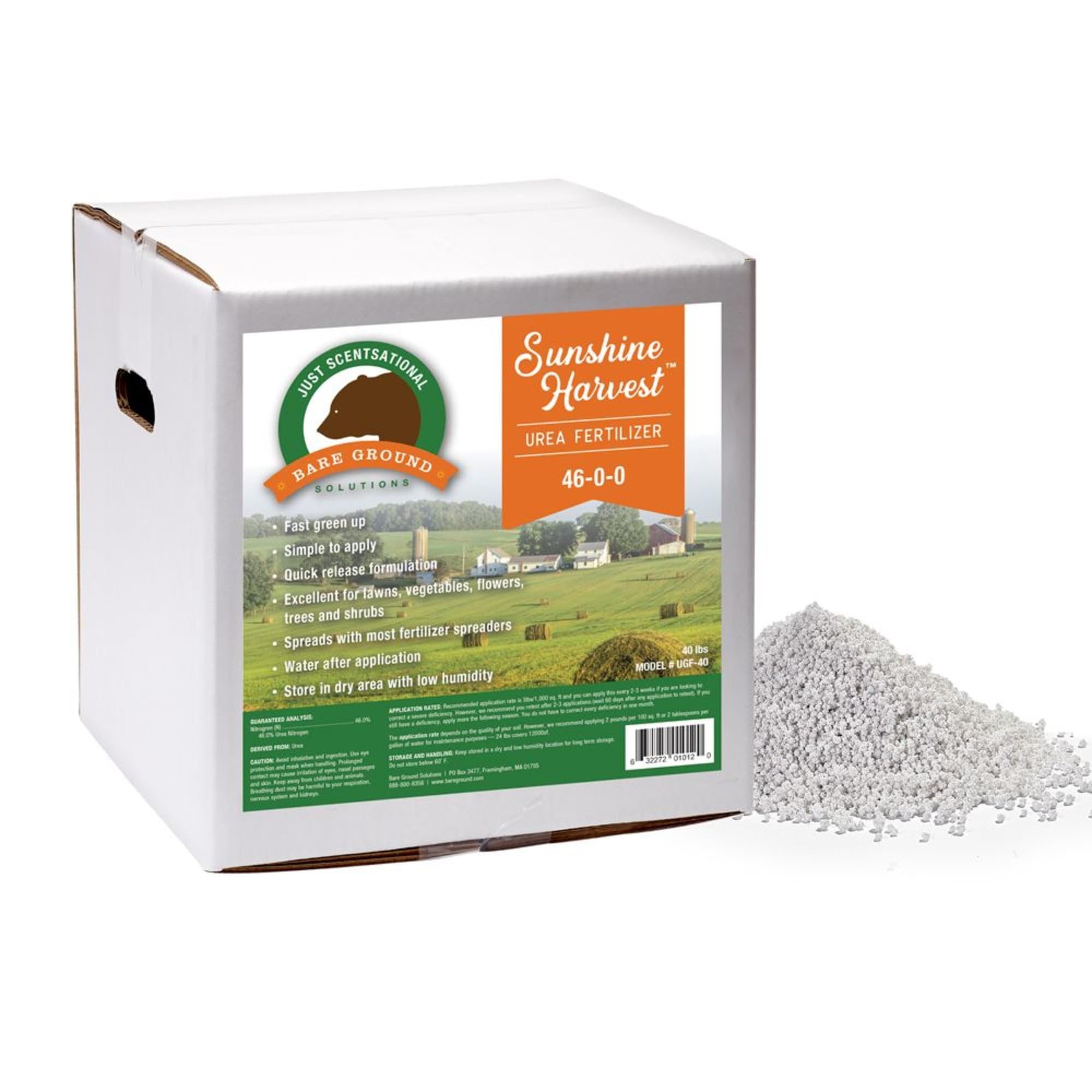 Just Scentsational Bare Ground Solutions UGF-40 Sunshine Harvest Urea Lawn and Garden Fertilizer - Nitrogen Boost NPK 46-0-0, 40lb Box