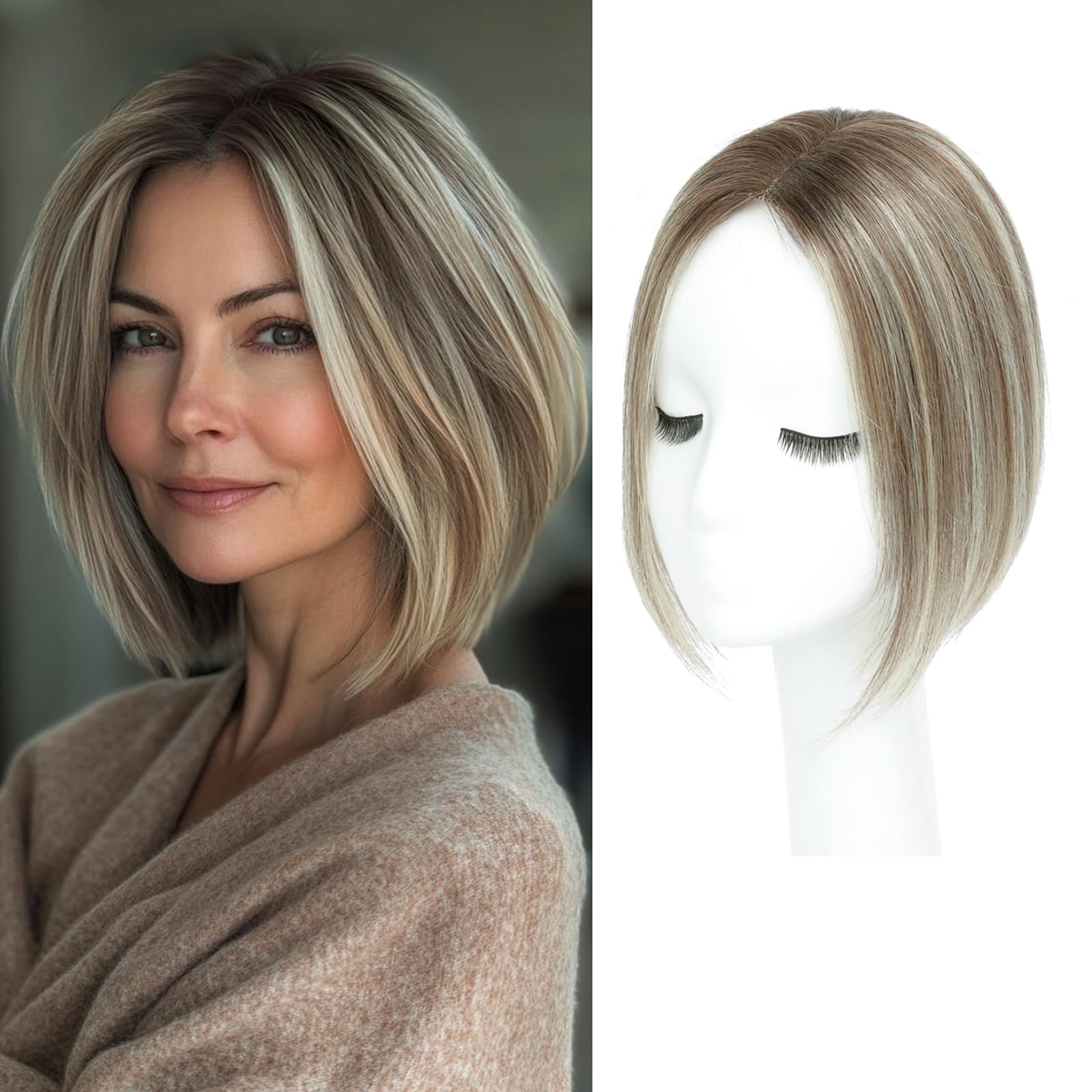 Human Hair Topper for Thinning Crown - 10 inch Swiss Base Adding Extra Volume (Ombre Brown with Blonde Highlight)