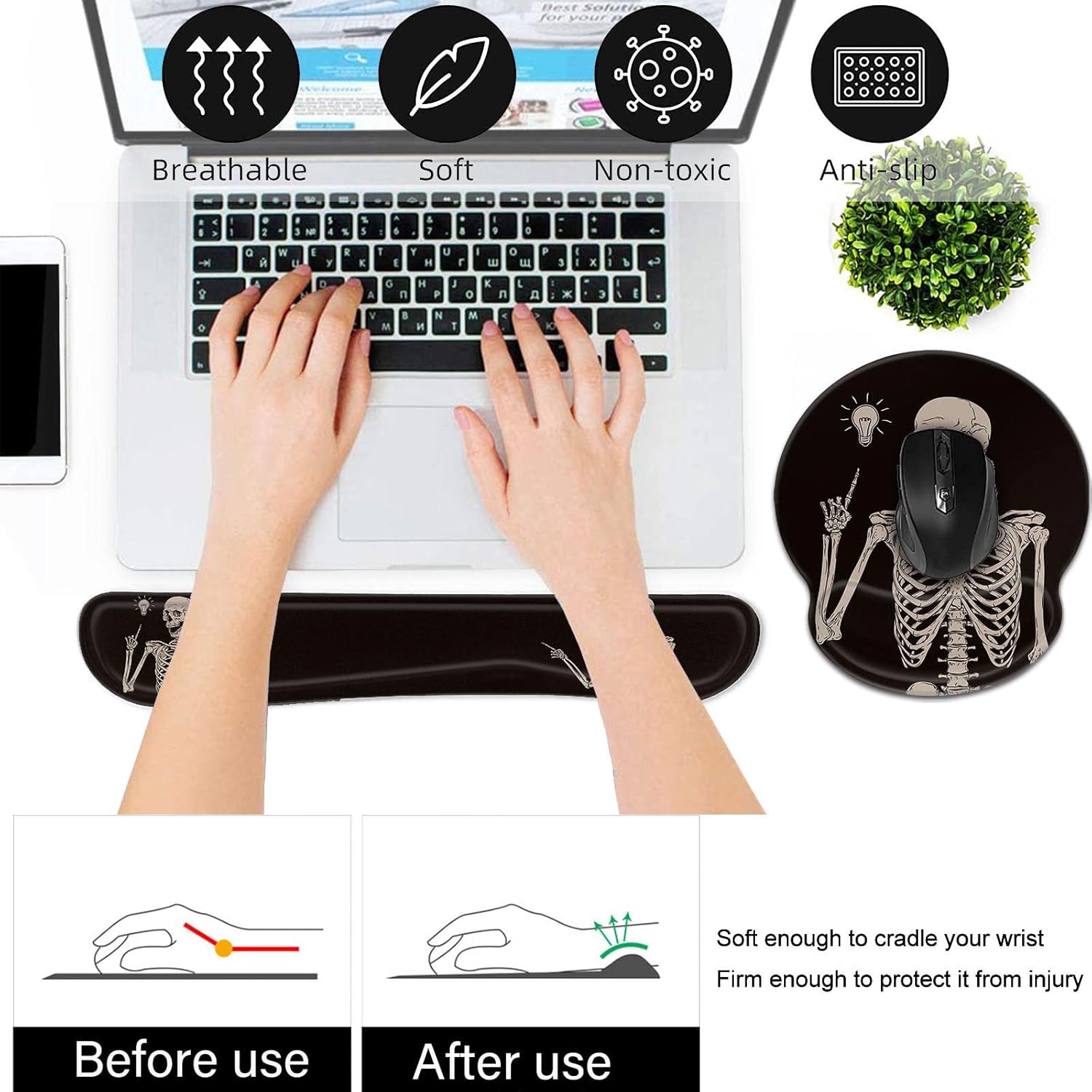 Keyboard Wrist Rest and Mouse Pad Wrist Support Set,Ergonomic Memory Foam Wrist Pad & Non Slip Base for Home Office Working Studying Easy Typing,Pain Relief,Skull Skeleton Black Background