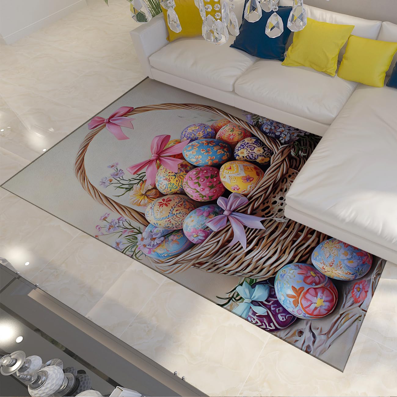 Cesta Huevos Pascua Alfombras Cocina 120x200cm Decoración Colorida Huevos Lazos y Estampado Floral Alfombra Pelo bajo Antideslizante Lavable Decoración primaveral