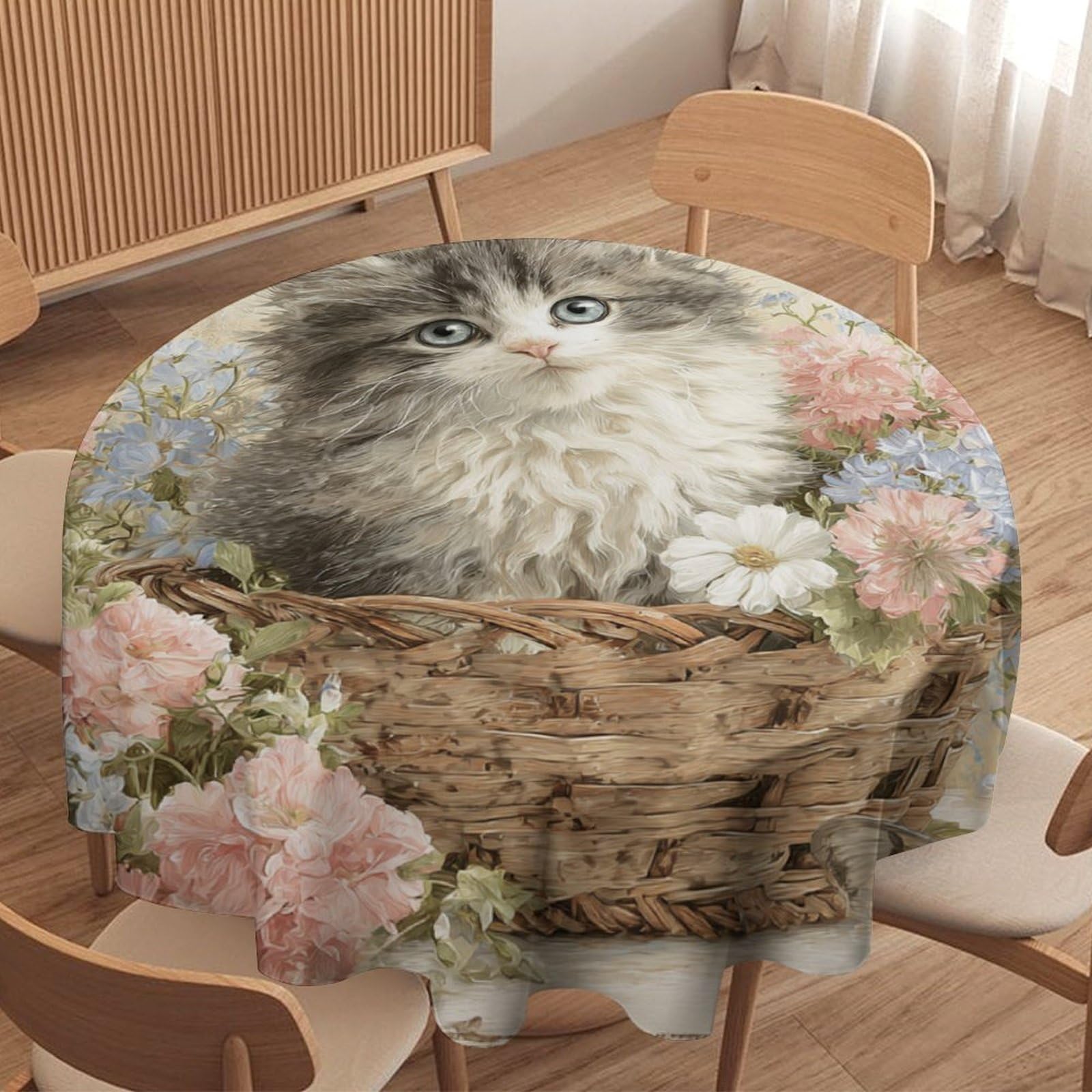 LUYYSKY Retro Rustic Cute Kittens Waterproof Round Tablecloth Modern Aesthetic Plant Daisies Flowers Animals Cats Butterflies Washable Table Cover for Kitchen-177.8" Wx177.8 L cm