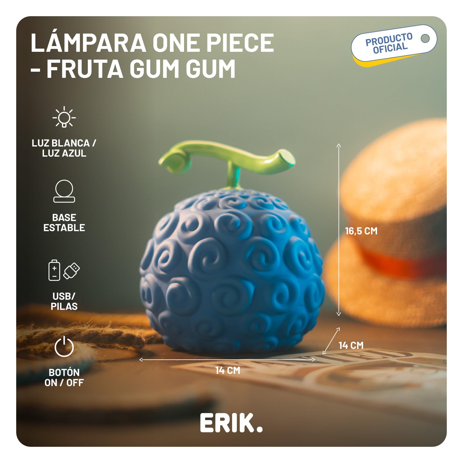 Grupo Erik Lampara One Piece Devil Fruit - Figura One Piece como Lámpara mesita noche o escritorio | Regalo Anime Manga, Merchandising Oficial | USB/Pilas : 2 Modos de Luz (16x14 cm)