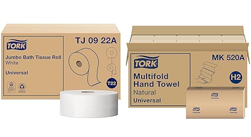 Tork Rollo de papel higiénico Jumbo blanco T22, universal, 2 capas, 12 x 1000 pies, TJ0922A y toalla de mano multipliegue natural H2, universal,