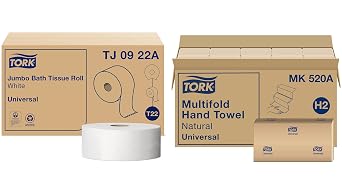 Tork Jumbo Toilet Paper Roll White T22 Universal and Tork Multifold Hand Towel Natural H2 Universal