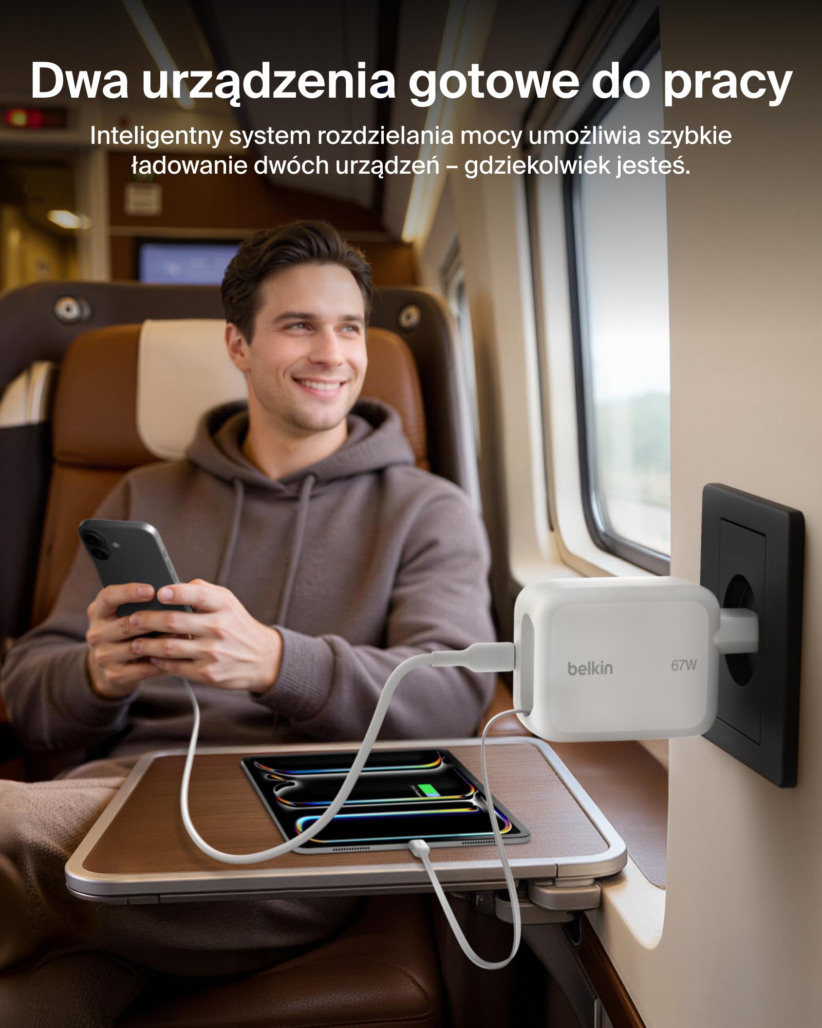 Belkin Ładowarka USB-C 67 W z Wysuwanym Kablem USB-C (1 m) i Portem USB C – Ładowarka GaN, Szybkie Ładowanie Urządzeń iPhone Serii 17 i 16, Galaxy Serii S26, AirPods, MacBook, Chromebook i Tabletów