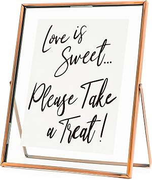 Calculs Love Is Sweet Wedding Sign, 8x10 Copper Floating Picture Frame | Double glass metal frame, fits 6x8 insert, wedding favor table station, reusable tabletop frame for signs and photos