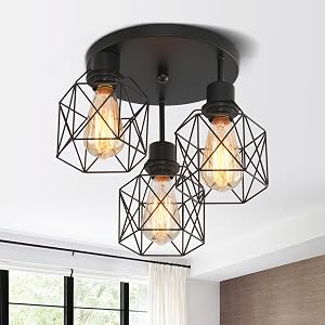 3 Lights Industrial Ceiling Light Fixtures Iron Cage Ceiling Lamp Pendant Lighting 3-Light Close to Ceiling Light Fixtures