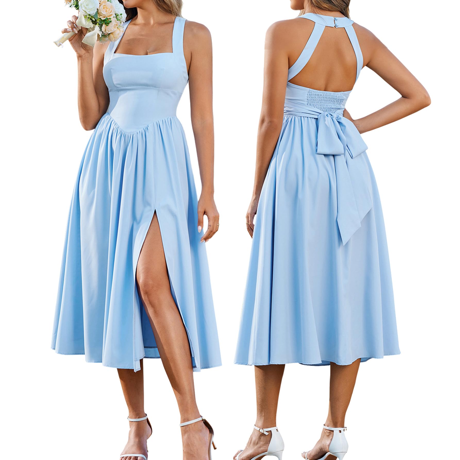 Halter Midi Corset Flowy Bow Tie Slit Summe Wedding Guest Dress