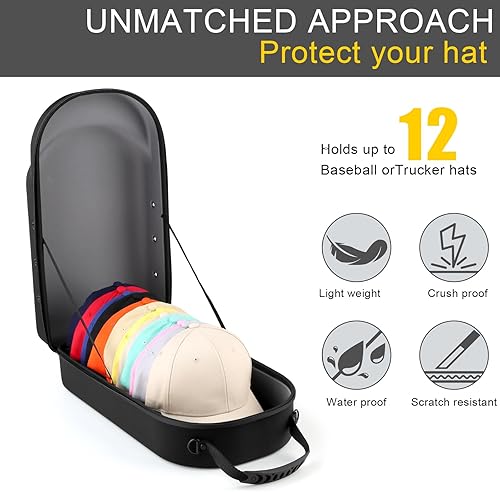 Miniatura 26 de Funda rígida para gorra de béisbol, funda de viaje con correa ajustable para el hombro, funda para 12 gorras de béisbol, perfecta para viajes y Negro