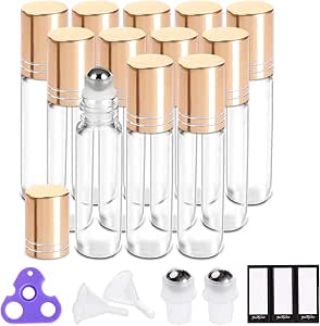 PrettyCare Essential Oil Roller Bottles 10ml (Clear Glass Bottle with Gold Cap, 12 Pack, 2 Extra Stainless Steel Balls, 24 Labels, Opener, Funnels for Oils, Roller on Bottles
