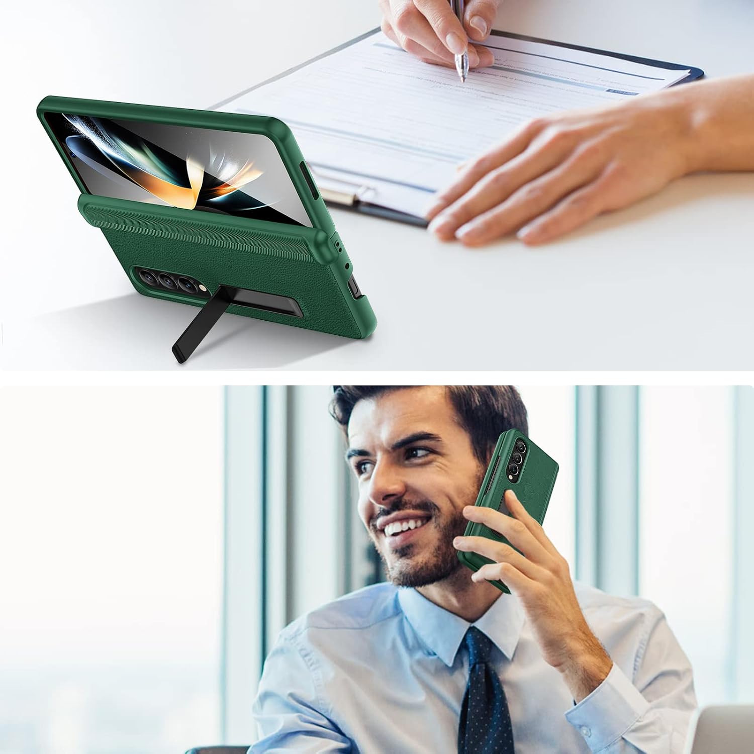 Ruky Stand Case for Samsung Galaxy Z Fold 4, Full Body PU Leather Protective Phone Case with Built-in Screen Protector & Magnetic Hinge Protection, Green