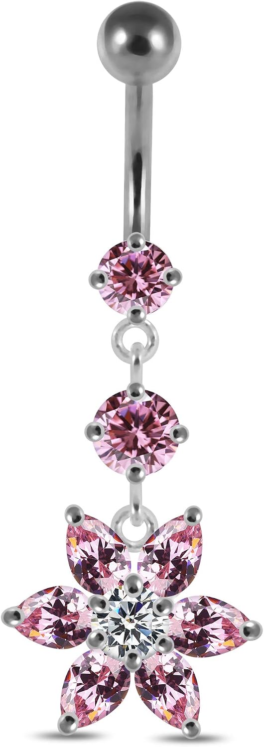 Stylish 2 Round with Stylish Flower Dangling Design 925 Sterling Silver with Stainless Steel Belly Ring - Belly Button jewelry - Navel jewelry