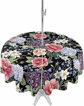 Round 54" Patio Tablecloth with Umbrella Hole, Black Floral Farmhouse Waterproof Outdoor Table Cover for Camping, Party, Pink Flowers Country Botanical Washable Patio Tablecloths for Pinic Garden