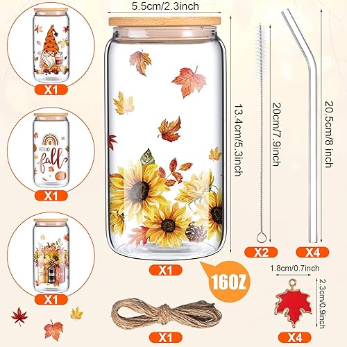 Miniatura 2 de Sliner 4 juegos de vasos de vidrio de otoño de 16 onzas con tapa y cepillo de limpieza para pajilla, colgantes de hojas de arce, girasol, gnomo,