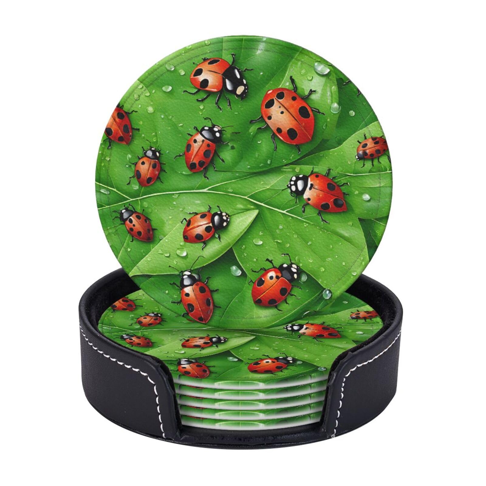 Coasters Set of 6 Microfiber PU leather Coasters with Holders for Drinks Coffee Bar Accessories, House Apartment Coffee Table Decor, Housewarming Gifts - Leaves and Ladybugs