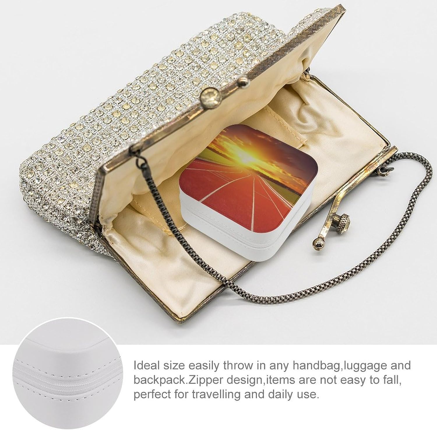 PU Leather Storage Box,Running Track Sunset Printed Portable Jewelry Box Mini Travel Storage Box Women's Jewelry Storage Rack for Necklace Earrings Bracelets Rings image 3