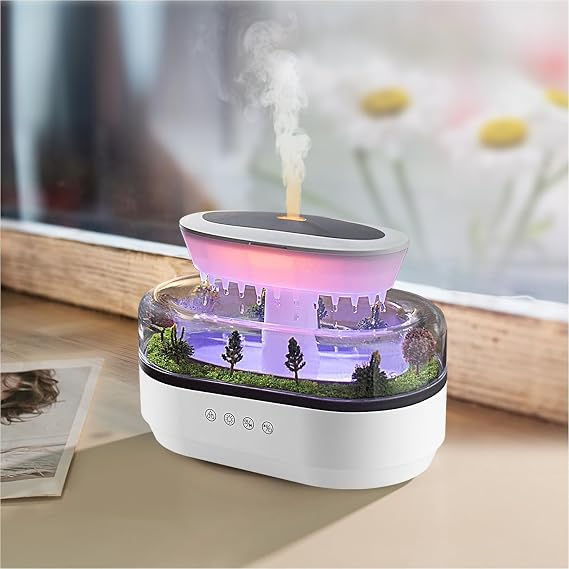 Yağmur Damlası Efektli Hava Nemlendirici ve Aroma Difüzör, Doğa Ses Modları, LED Ambiyans Işıklı, Sessiz Çalışma, Buharlı Nemlendirici Buhar Makinesi, Dekoratif Tasarım (Yapay Teraryum Tasarımı)