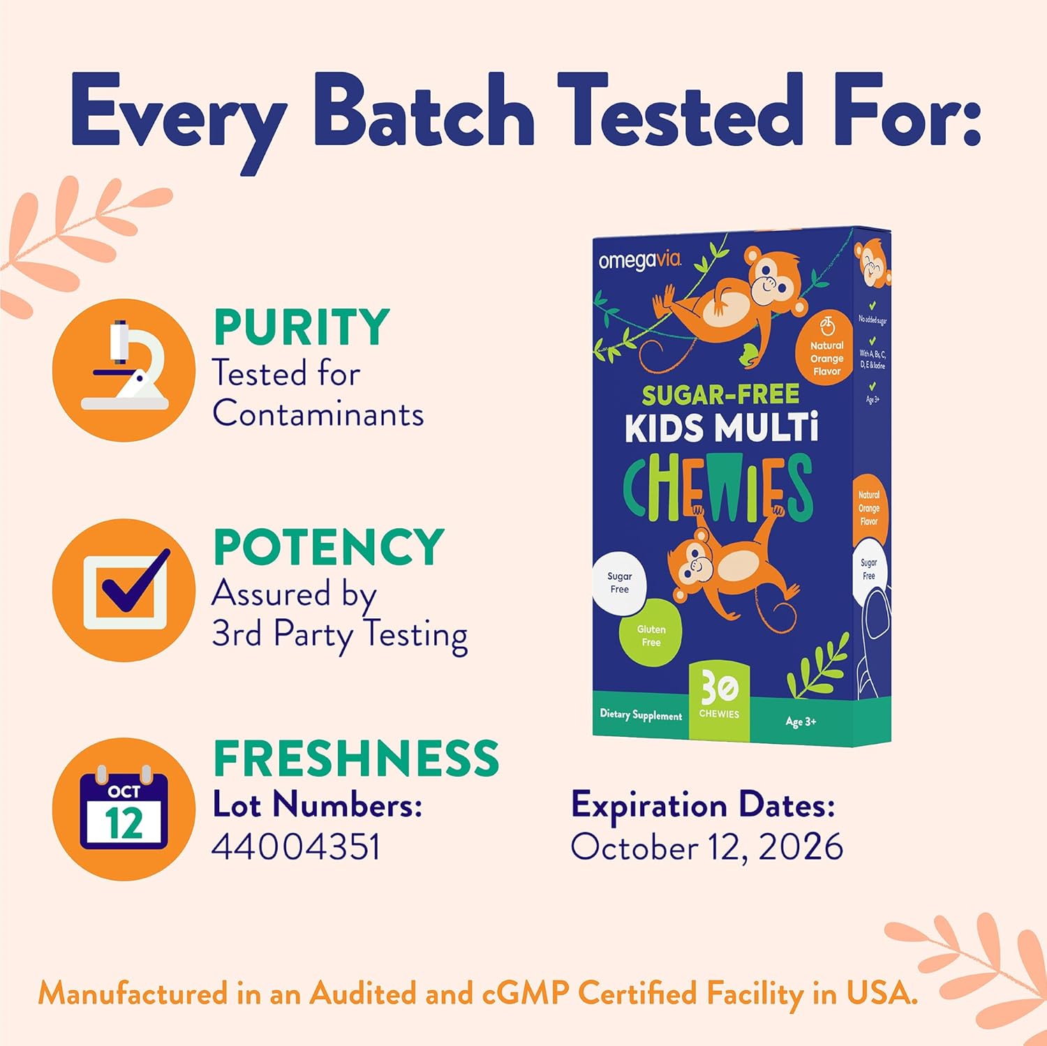 OmegaVia Sugar Free Kids Multivitamin Chewies - Daily Chewable Gummy Vitamins for Kids 3+, Vitamin A, C, D3, E, B6 & B12, Folate & More, Natural Orange Flavor, 30 Count (Pack of 4)