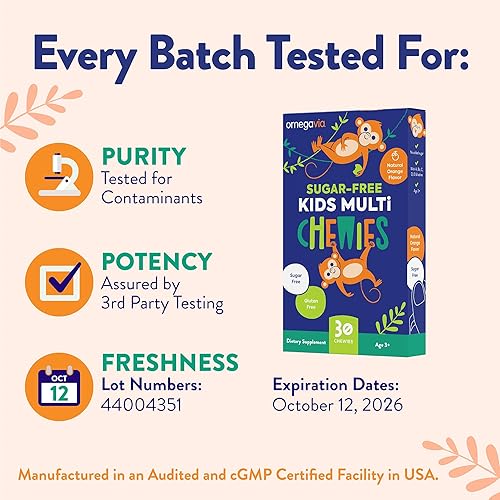 Miniatura 8 de OmegaVia Sugar Free Kids Multivitamínico Chewies - Vitaminas masticables diarias en gomitas para niños de 3 años, vitamina A, C, D3, E, B6 y B12,