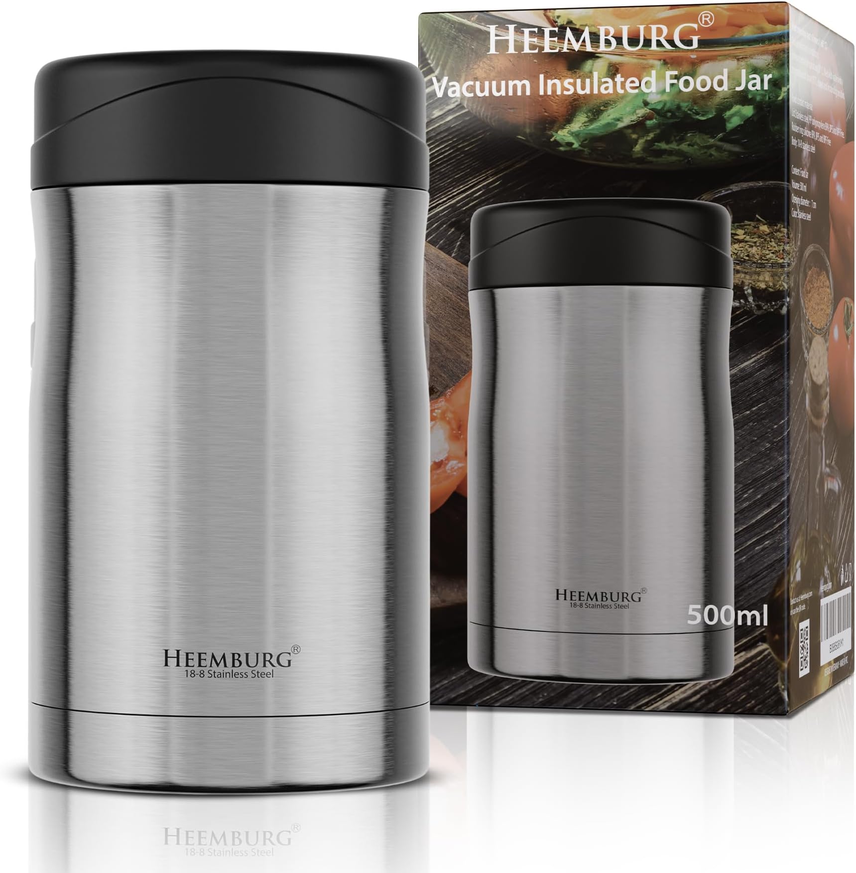 Heemburg Insulated Food Flask for Hot Food, Soup Flask, Leak Proof Thermal Container, All Stainless Steel Interior, No Plastic Lunchbox Pot for Meals, Baby Food, for School, Office or outdoors 500ml