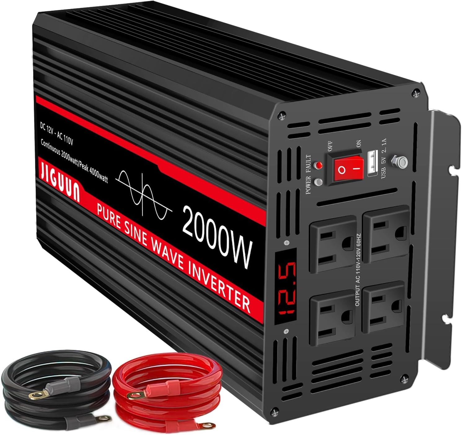 Front view of JIGUUN 2000W Pure Sine Wave Inverter showing the power switch, USB port, and four AC outlets.