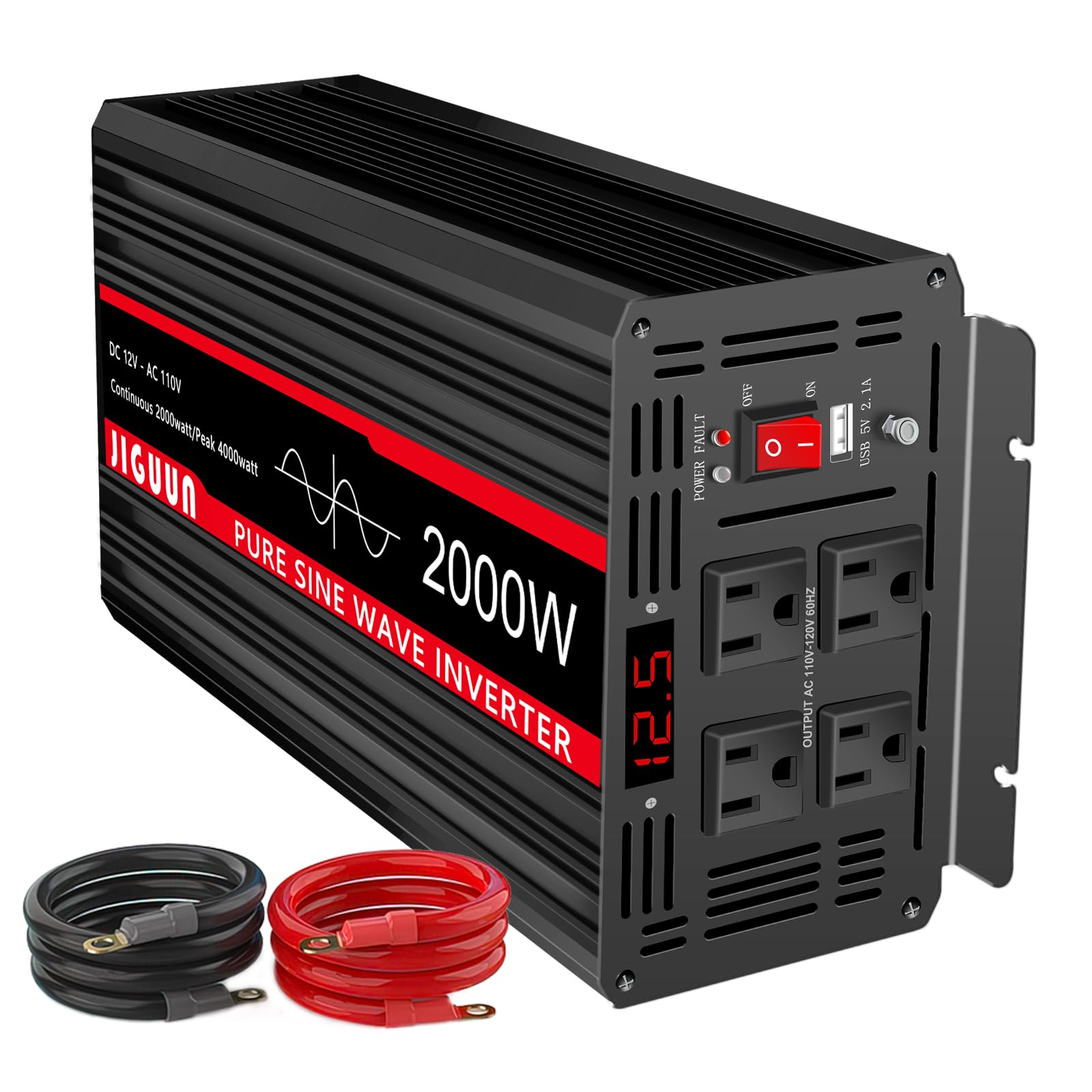 JIGUUN 2000 Watt Pure Sine Wave Power Inverter 24v DC to 110/120v AC Inverter 3 AC & USB Output, Car Converter with LCD Display for Home RV Camping Emergency…… (2000W-12VPRO)