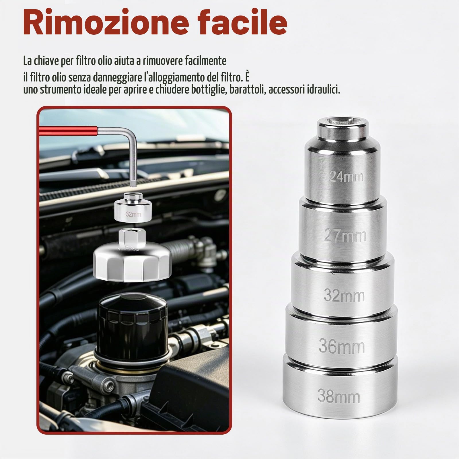lalago Set di Chiavi per Filtro Olio 5 Pezzi, Chiavi a Tazza per Filtro Dell'olio, Chiave Esagonale da 3/8", in Acciaio al CR-V, Strumento di Rimozione Presa Filtro Olio Auto (24, 27, 32, 36, 38mm)