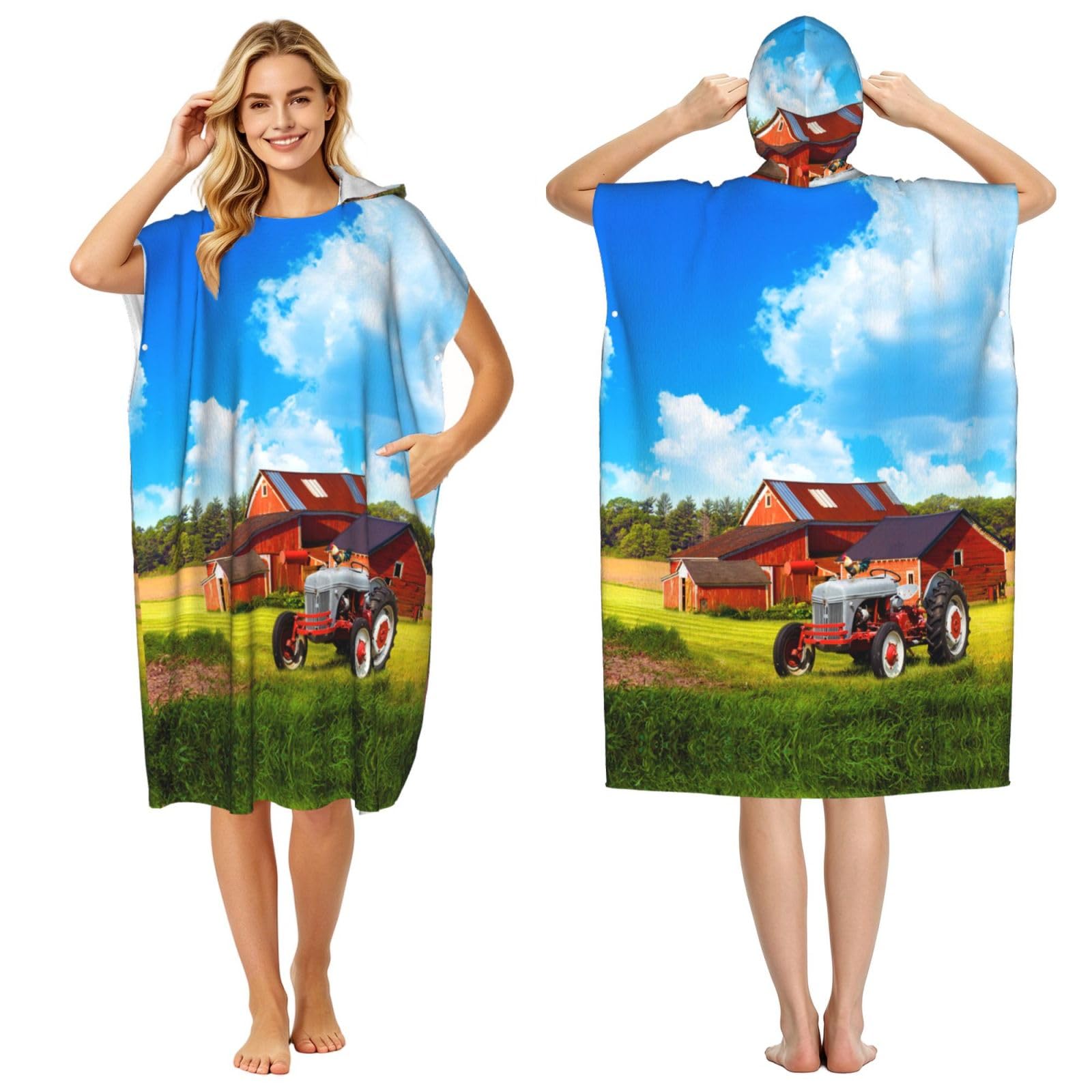 EZDLOWVBA Company Farm Tractor Print Hooded Poncho Microfiber Beach Towel,Adult Women & Men Changing Robe,Lightweight Summer Surf Swim Bath Poncho Towel