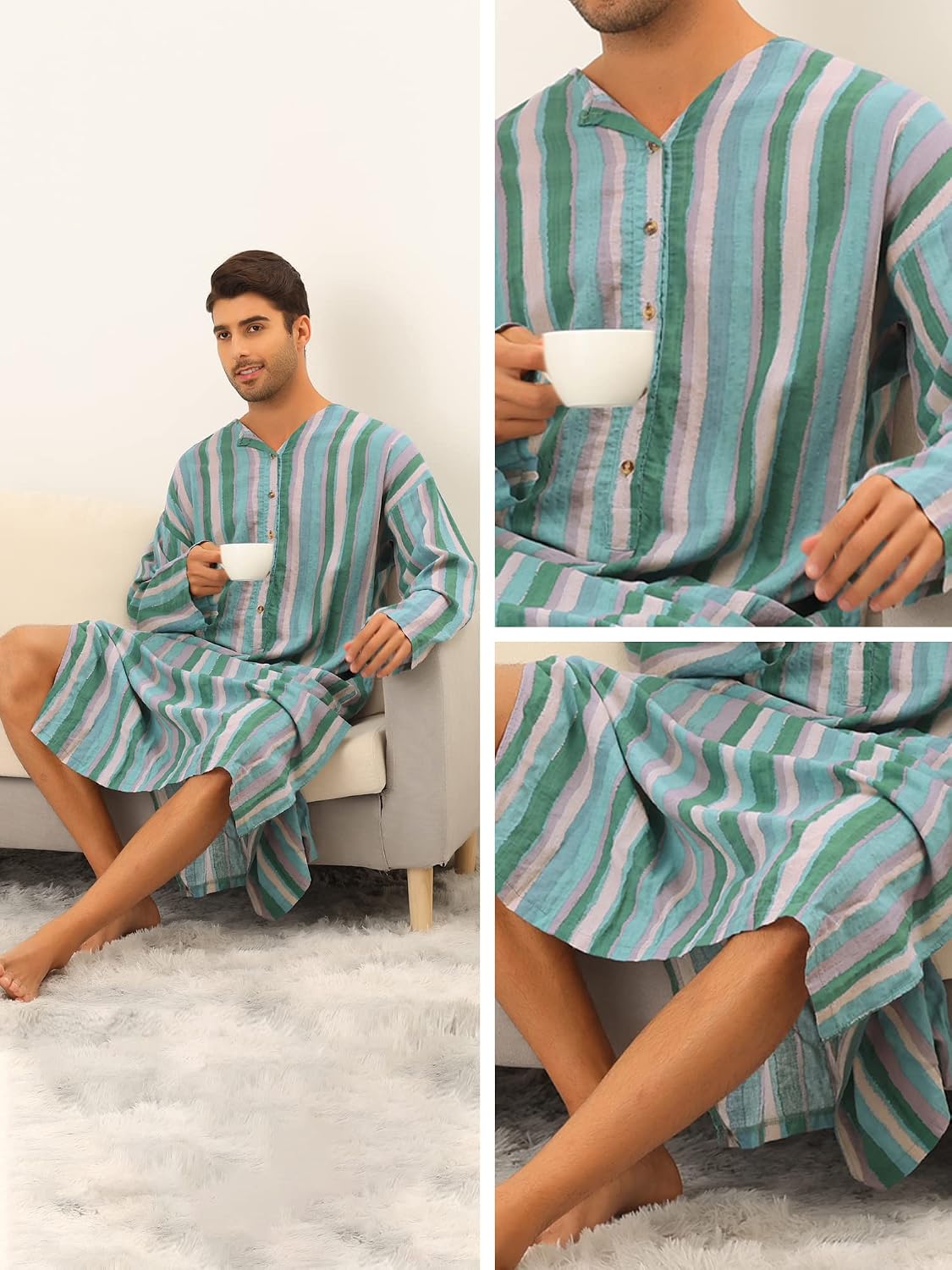 Lars Amadeus Striped Nightshirt for Men's Long Sleeves Button Down Nightgown Henley Shirts with Pockets