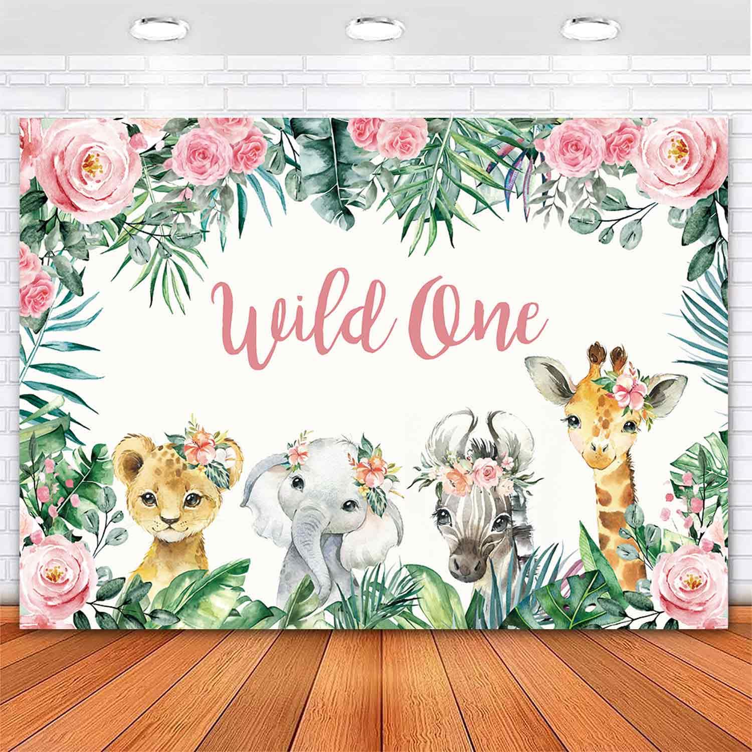 Ayayiya Girl Wild One Backdrop Jungle Safari Animals 1st Birthday Decorations Pink Floral Tropical Palm Leaves Photo Background Girls Wild One