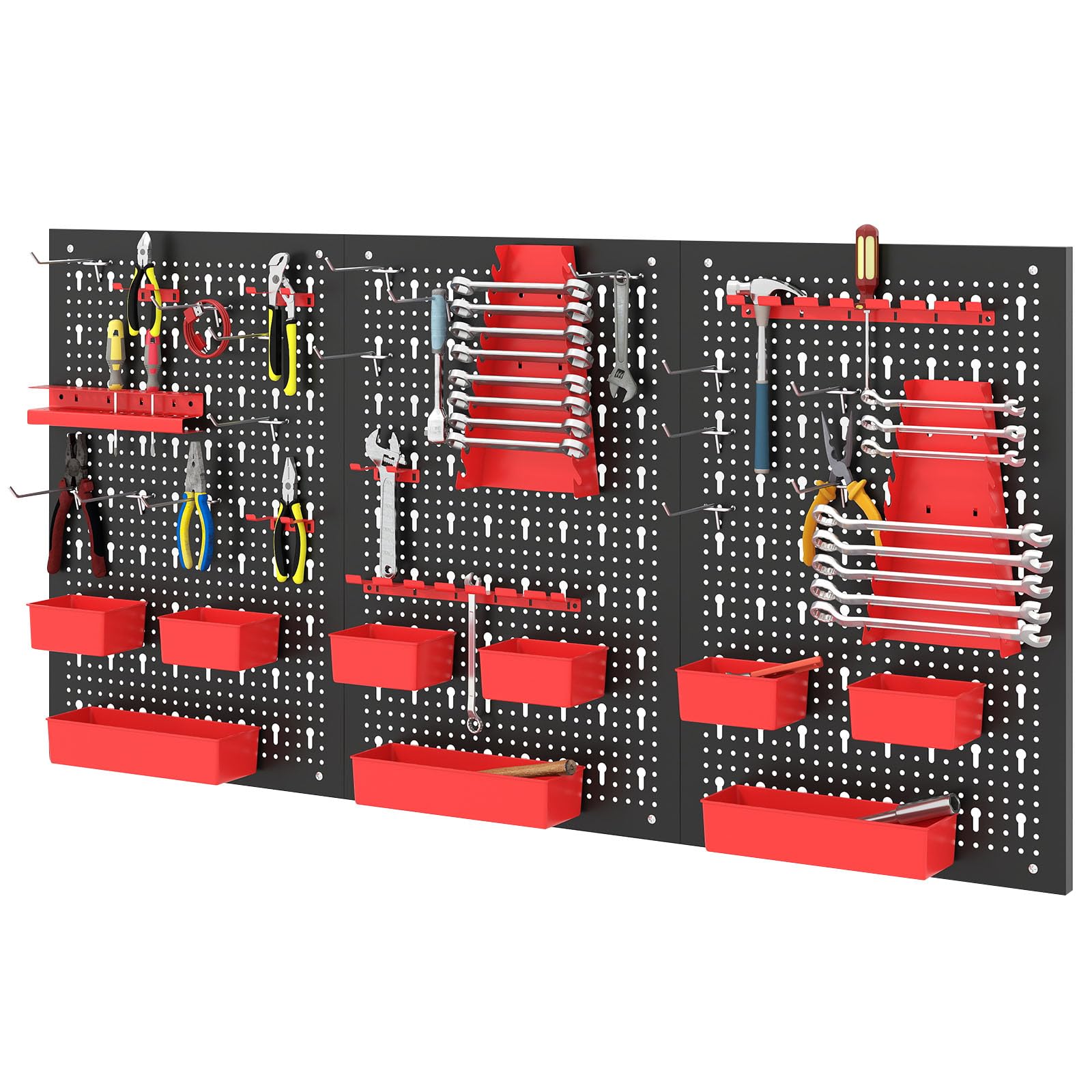 TANGZON Pegboard Organizer Kit, Wall-Mounted Metal Tool Rack with 3 Pegboards & Hanging Accessories, Multifunctional Tool Storage Holder for Warehouse Workshop Garage (Black+Red, 34PCS Accessories)