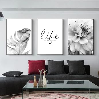 Trayosin 3-Piece Premium Poster Set Aesthetic Flower Black White Feather Dandelion Pictures Modern Wall Pictures Living Room Bedroom Wall Decoration Art without Frame A 50 x 70 cm