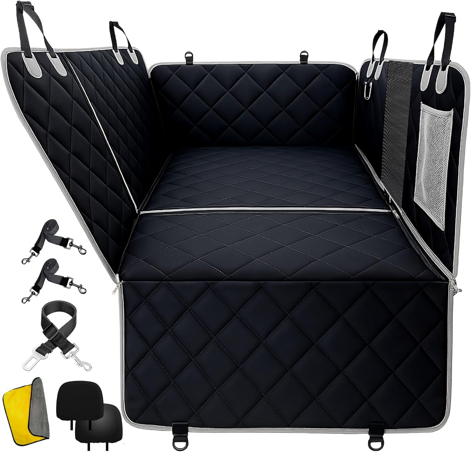 Dog Car Seat Cover 7-in-1 –Waterproof Hard Bottom Hammock & Back Seat Extender – Multi-Use Dog Car Seat for Large Dogs – Car Seat Protector with Mesh Window & Zippers–Fits Cars, Trucks & SUVs