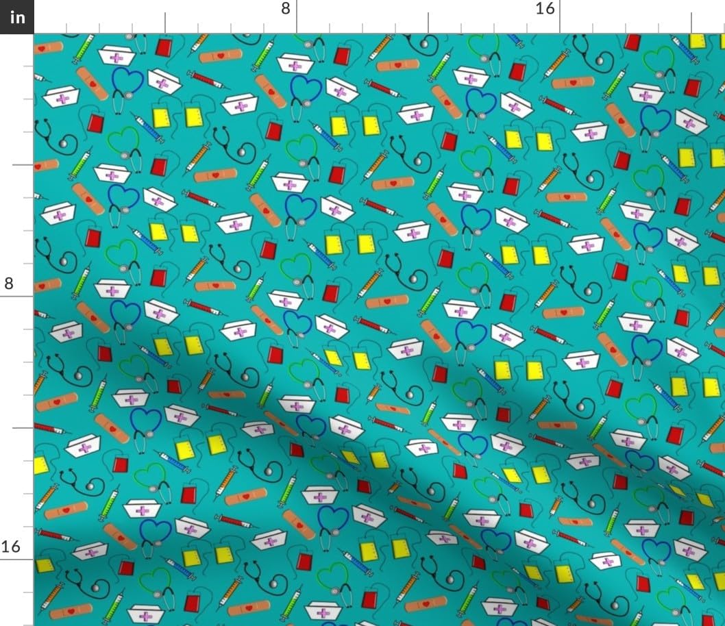Spoonflower Fabric - Nurse Theme Medical Care Turquoise Blue Printed on Cotton Poplin Fabric by The Yard - Sewing Shirting Quilting Dresses Apparel Crafts