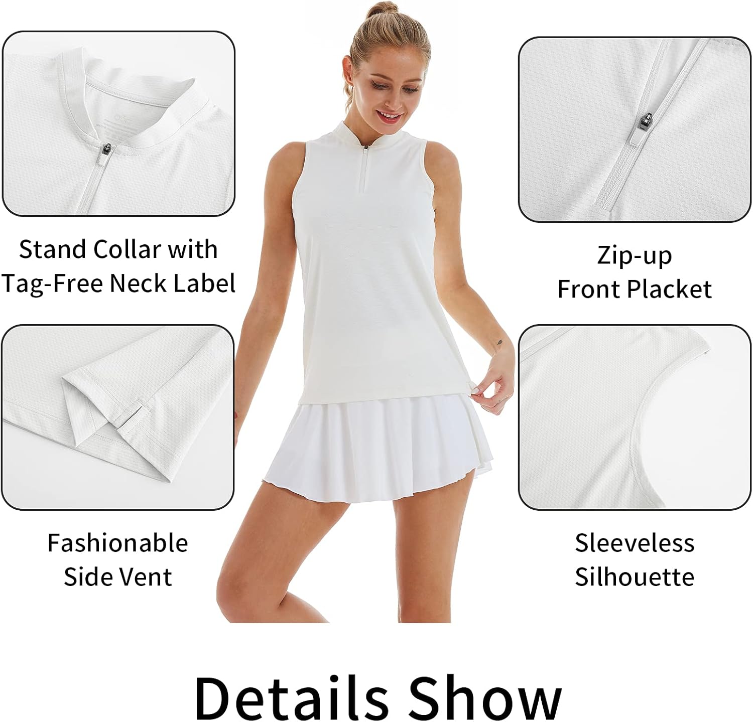 CQC Women's Sleeveless Golf Polo Tennis Shirts Zip Up Quick Dry UPF 50+ Athletic Tank Tops Moisture Wicking Sport Casual White S