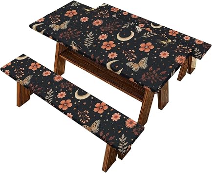 3 Pcs Set Butterfly Moon Picnic Table Cover with Bench Covers Elastic Edges, Outdoor Patio Camping Essentials 3PCS, Waterproof Camping Fitted Tablecloth