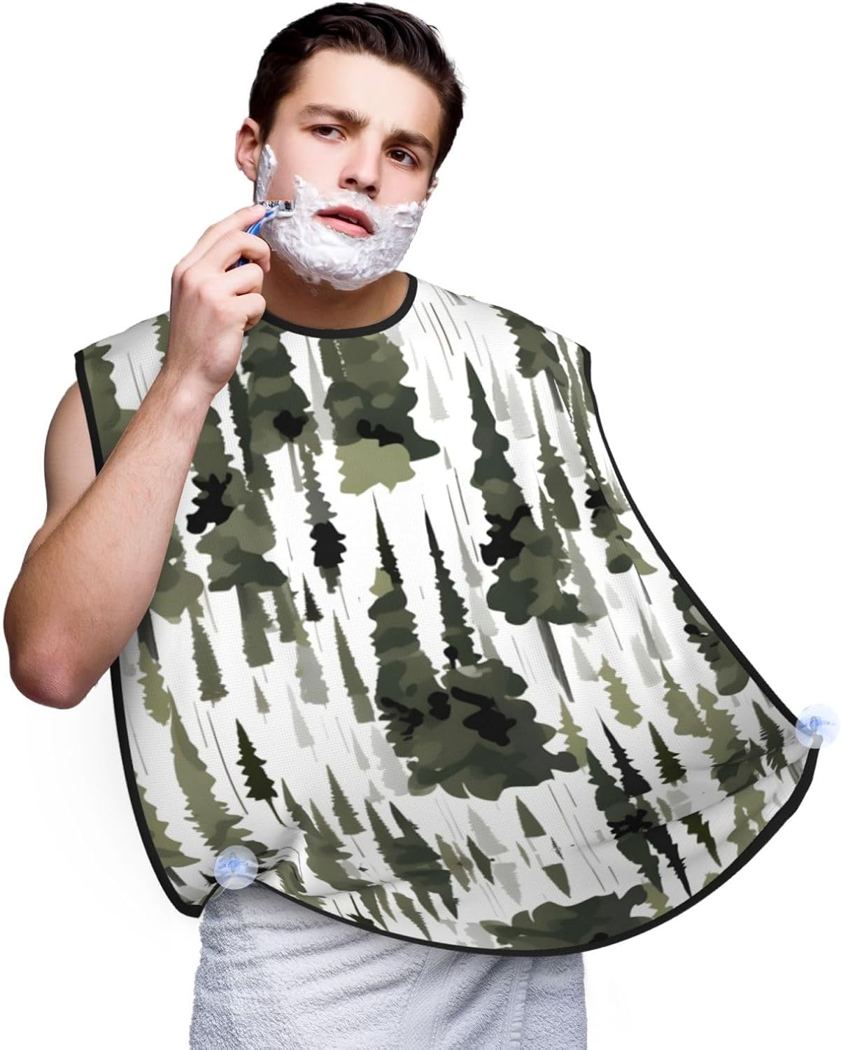 White Trees Camo Pattern Print Beard Bib Apron For Men, Beard Hair Catcher For Men Shaving Trimming,Beard Cape Cloth