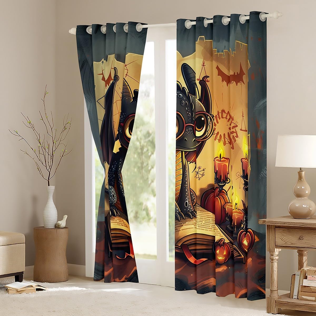 Manfei Western Dragon Window Drapes Blackout 30%-50%,Cartoon Black Dragon Halloween Animal Trippy Kitchen Window Treatments 42Wx90L,Magical Book Pumpkin Retro Graffiti Decor Window Curtains