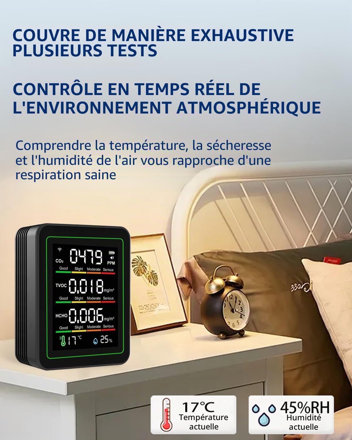 Moniteur intelligent de qualité de l'air 5 en 1 : WiFi intérieur qualité de l'air, compteur détecte TVOC, CO2, HCHO, température et humidité, pour la maison et le bureau avec contrôle de l'application