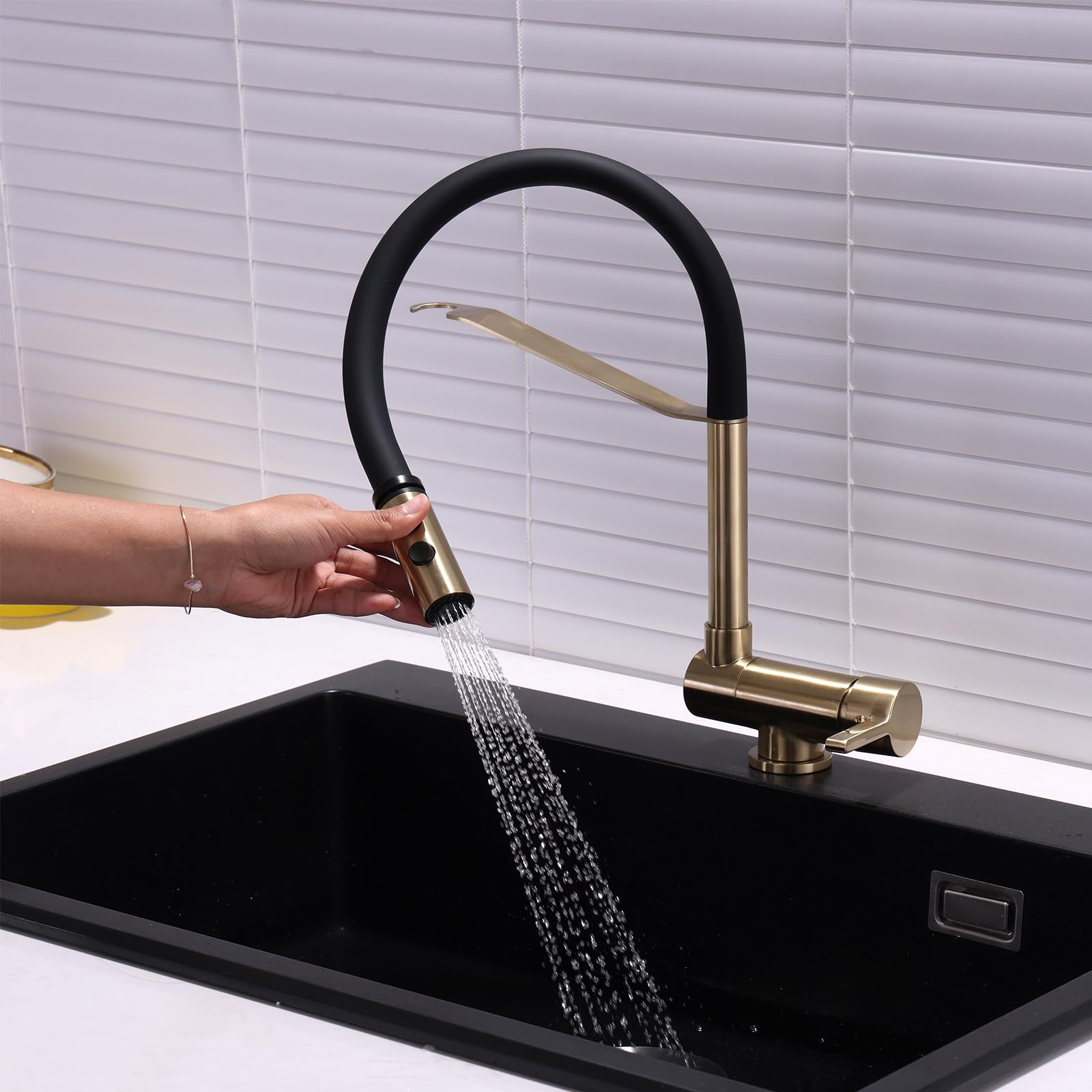 Generisch Wasserhahn Küche Mischbatterie Küchenarmatur mit Ausziehbrause gebürstet 2 Betriebsmodi klappbar flexibel für die Fenstermontage