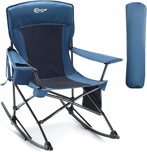 Miniatura 17 de Portal Mecedora para exteriores, plegable, portátil, con soporte para tazas, bolsa de transporte con bolsillo lateral, soporte de 350 libras (azul 1