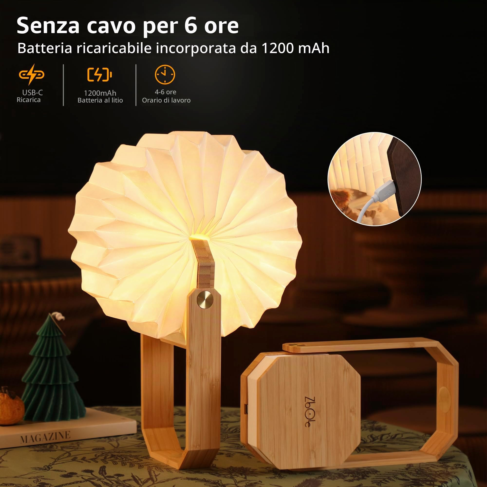 Lampada da Tavolo in Legno con Manico, Lampada a Lanterna Giapponese, Luce Ambientale, Lampada d'Atmosfera, Lampada a LED Ricaricabile per Casa & Esterno & Feste & Regalo (Bambù)