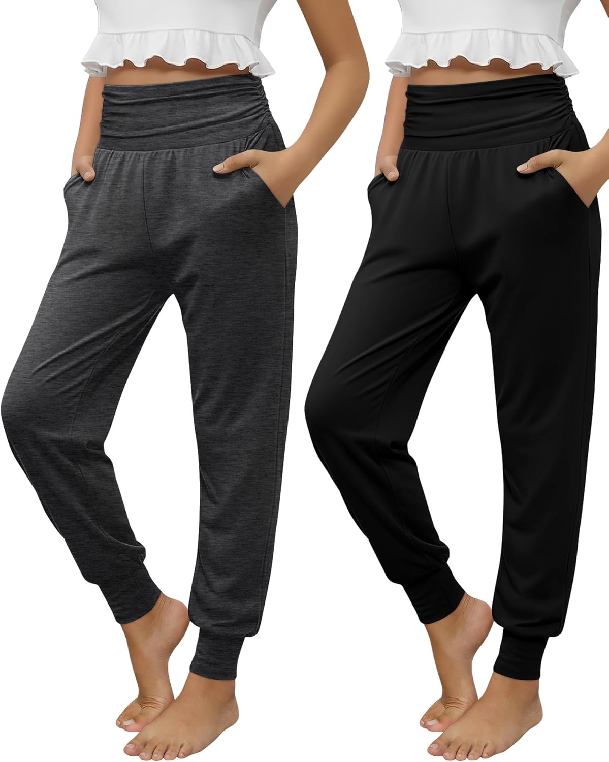2 Pack Girls' Joggers with Pockets Lightweight Workout Sweatpants High Waisted Casual Pants Soft Athletic Yoga Pant