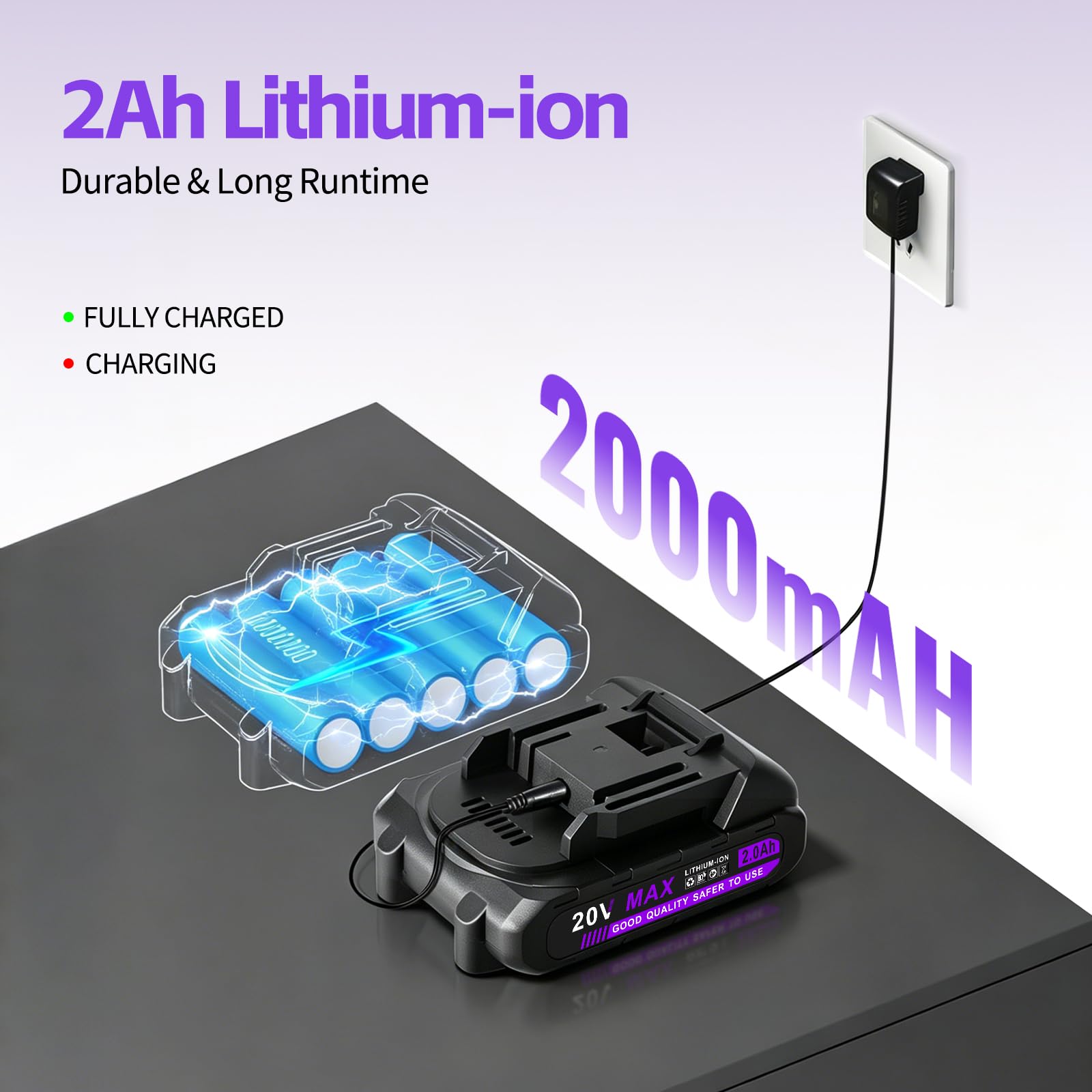 Set di trapano senza fili viola, trapano avvitatore da 20 V con batteria e caricabatterie, mandrino senza chiave da 3/8 pollici, velocità variabile, con set di punte per trapano