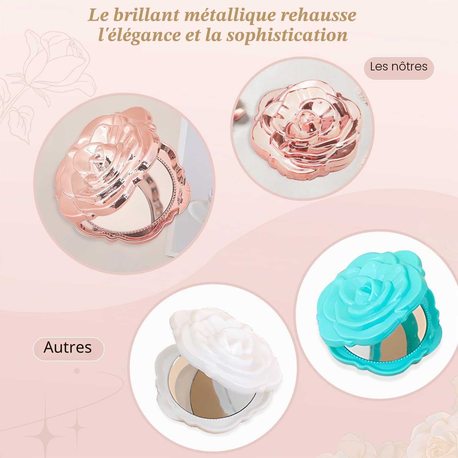 Lot de 30 miroirs compacts en forme de rose pour invités - Avec étiquette de remerciement et sac en organza (or rose)