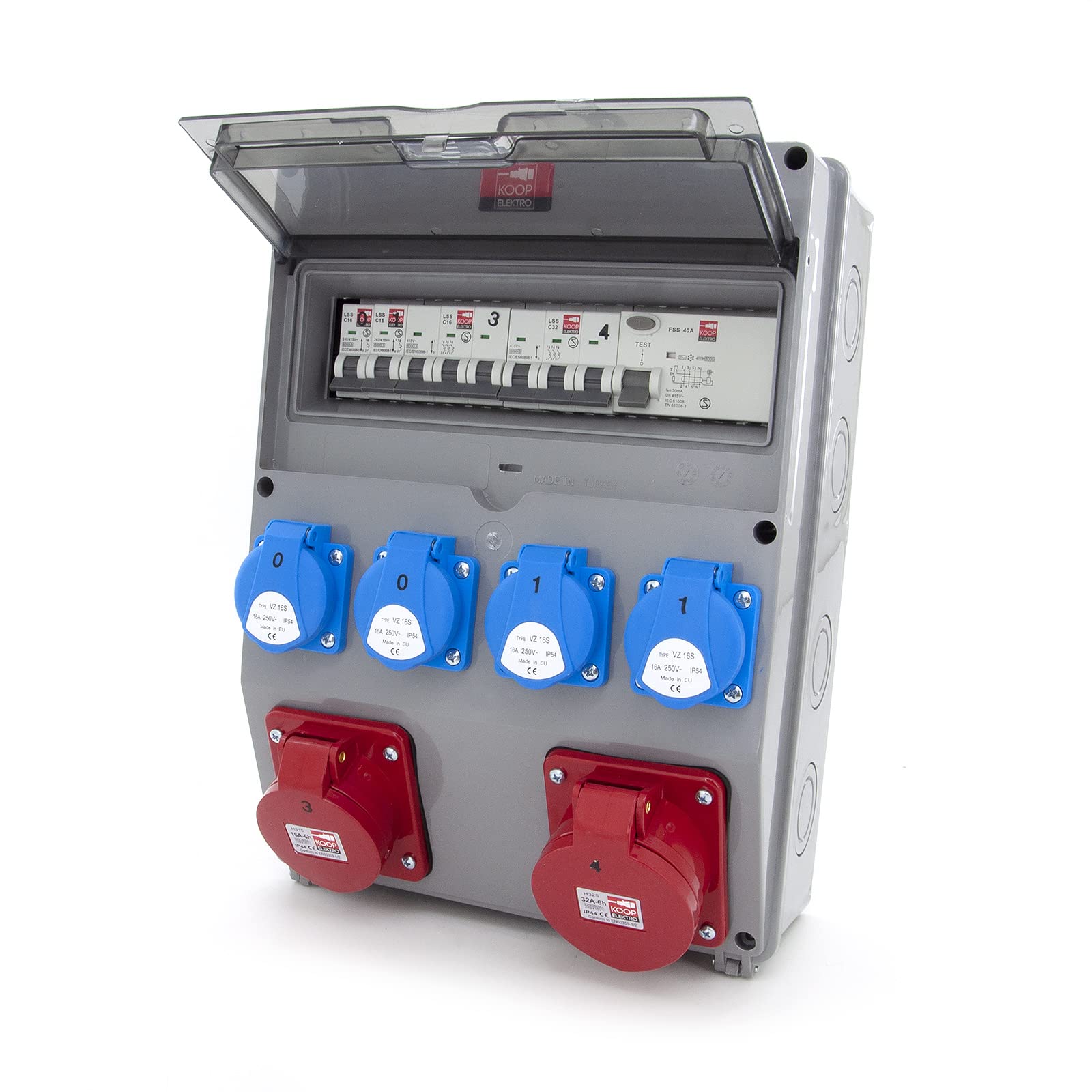 Wandverteiler mit FI-Schalter und Schuko 4x230V + 2xLS-Schalter, 1xCEE 16A, 1xCEE 32A, Steckdosen, Abgesichert, Verdrahtet, Anschlußfertig für Werkstatt, Garage, Fabrik, Feuchtraum.
