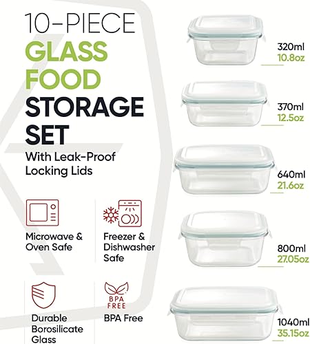 Miniatura 9 de DURA LIVING Recipientes herméticos de vidrio para almacenamiento de alimentos con tapas, juego de 10 piezas, recipientes de vidrio borosilicato para