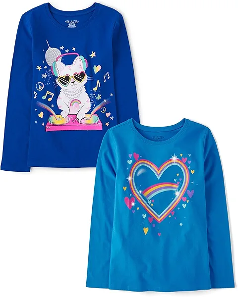 The Children's Place Girls' Unicorns,Sports,Butterflies Long Sleeve Graphic T-Shirts,2 Pack