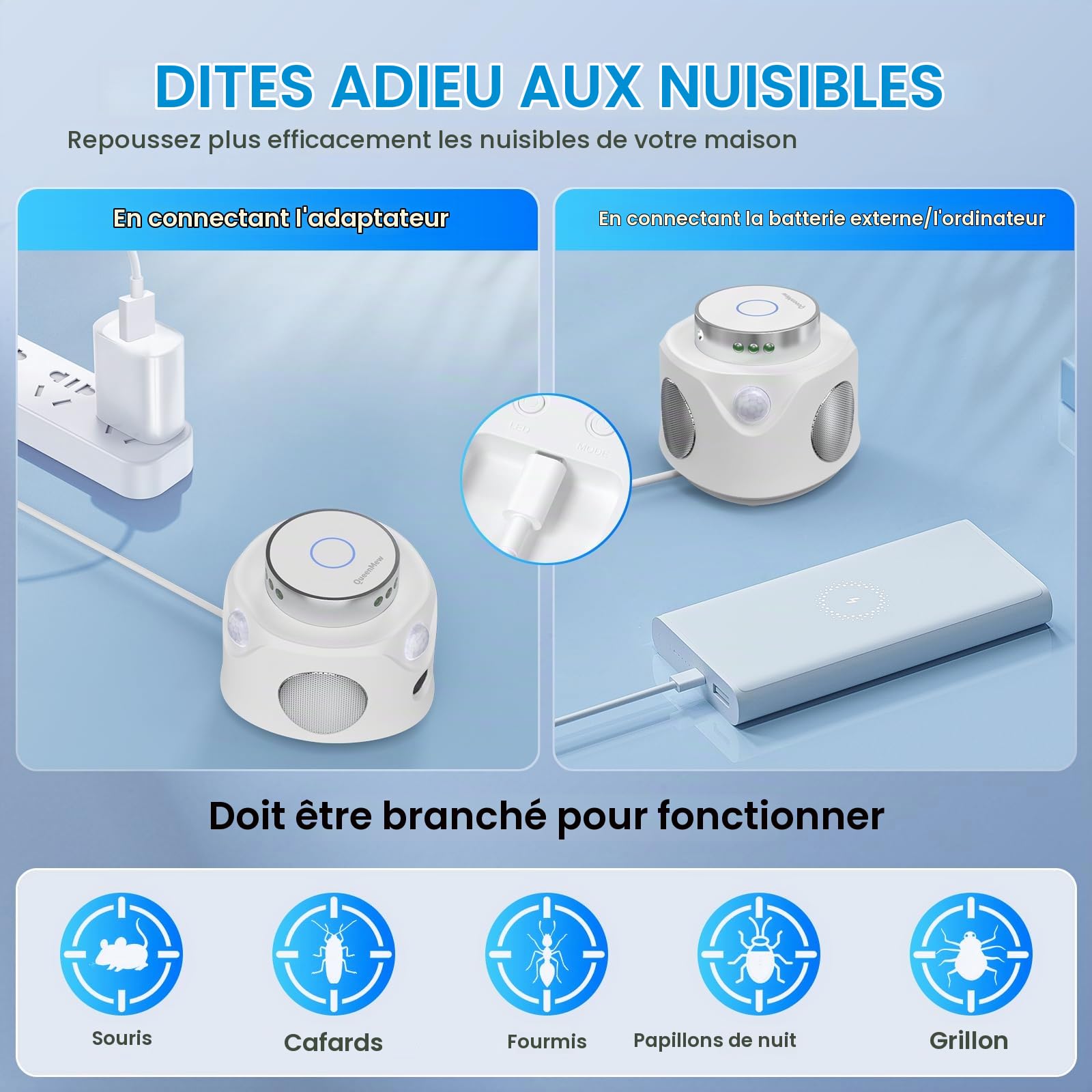 Ultrasons Souris et Rats avec 3 Emetteurs à Ultrasons, 3 Modes Anti Souris Répulsif Souris Brancher avec 9 Lumières Stroboscopiques, 360° Anti Rongeurs pour Rat Araignée Moth